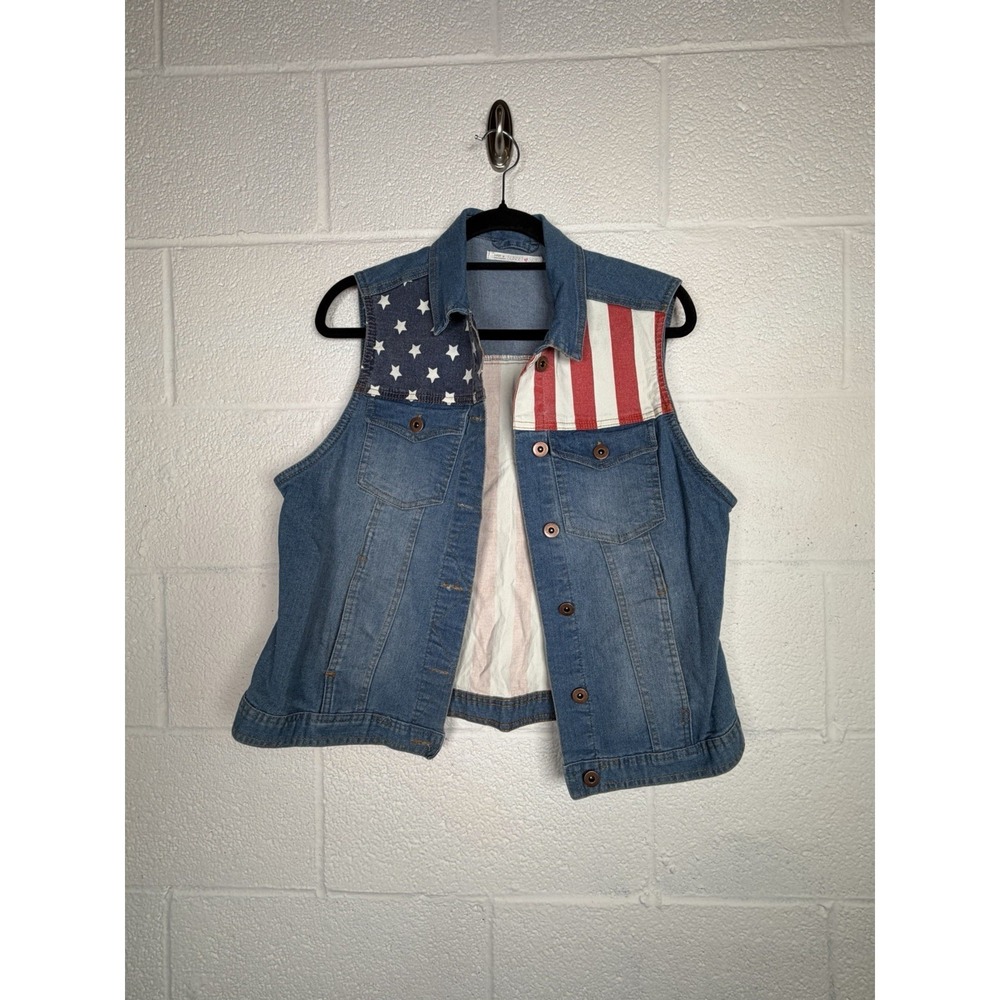 Sunset Sky American Flag Denim Vest Women's Large Patriotic USA Sleeveless
